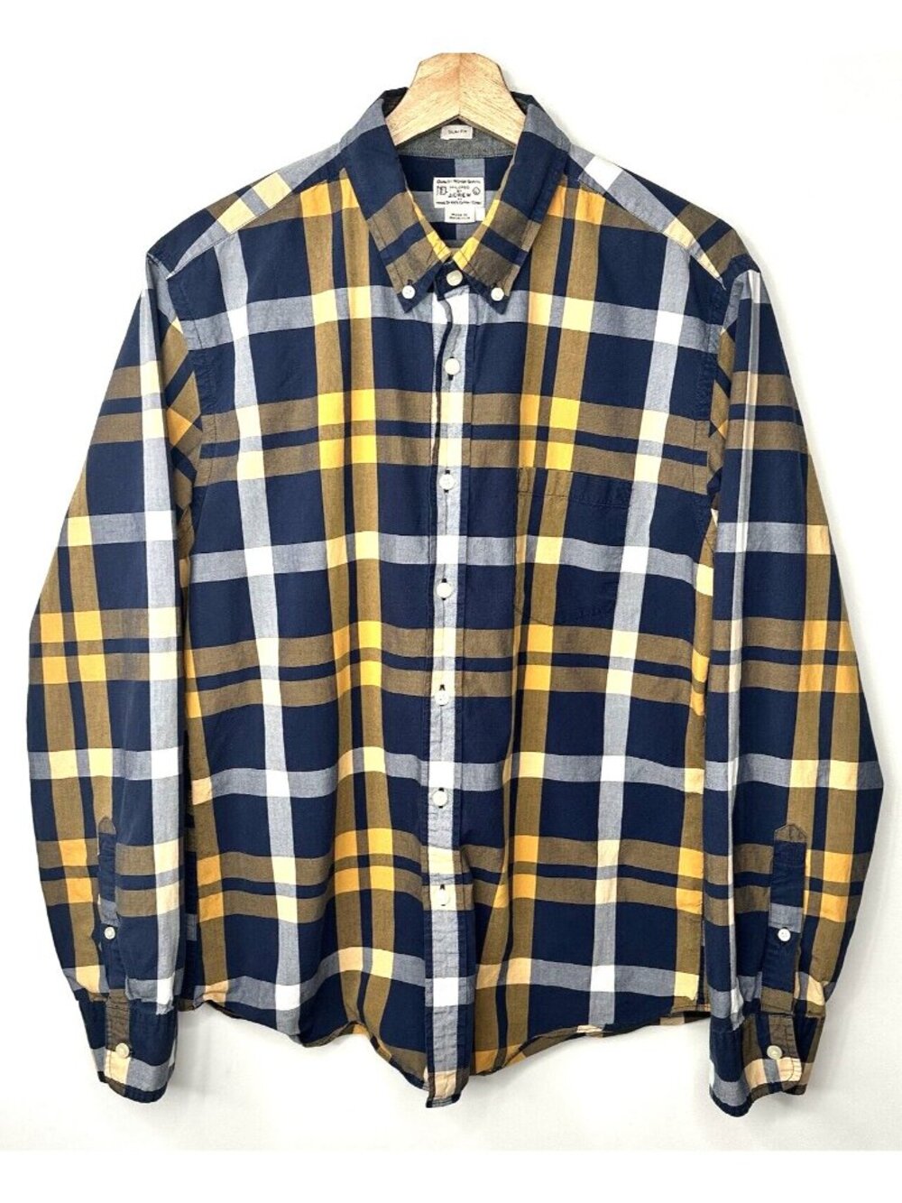 J.Crew Slim Fit Plaid Button Up Shirt Mens L Blue Yellow Cotton Lightweight
